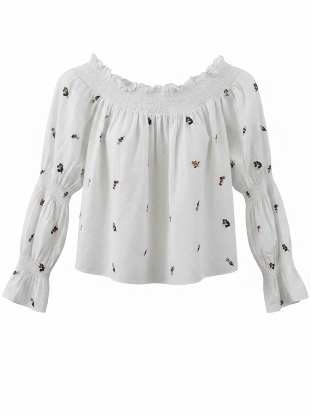 Zara Trafaluc Boho Off Shoulder Top White Floral Cottagecore Smocked